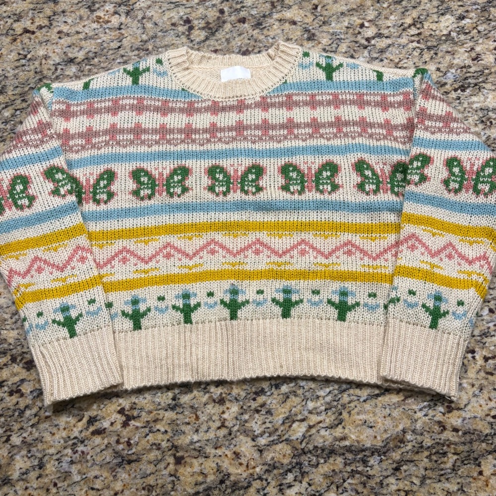 No Comment Butterfly Cactus Fair Isle Knit Sweater Cream Large L v